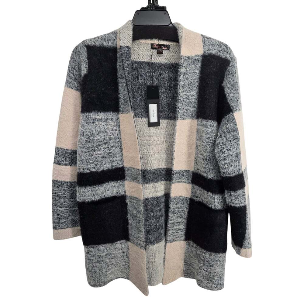 Renuar NEW Plaid Biscotti Combo Black Tan Open Front Cardigan Sweater Size XL